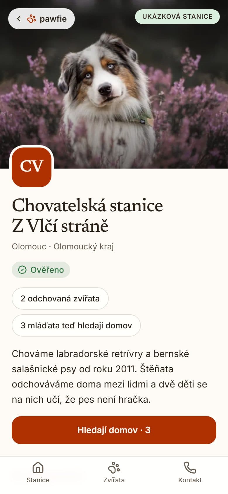 Stránka ukázkové stanice v mobilu