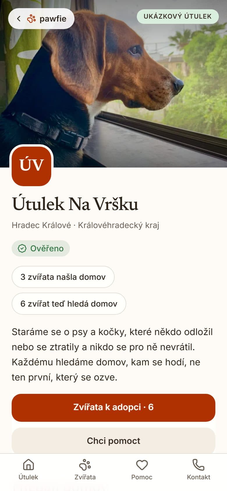 Stránka ukázkového útulku v mobilu